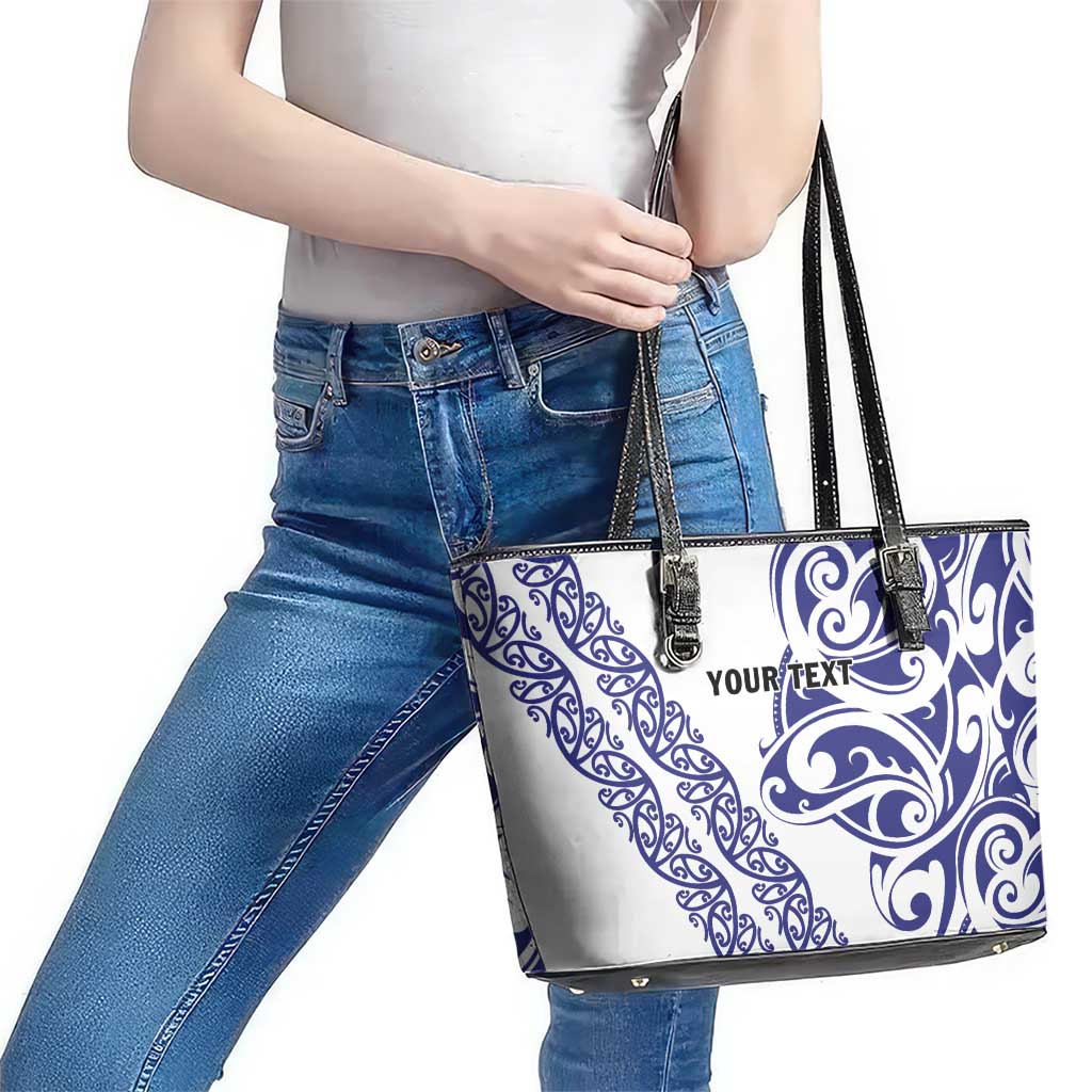 All White Maori Tribal Tattoo Personalised Leather Tote Bag Dark Blue Polynesian Style - Polynesian Pride