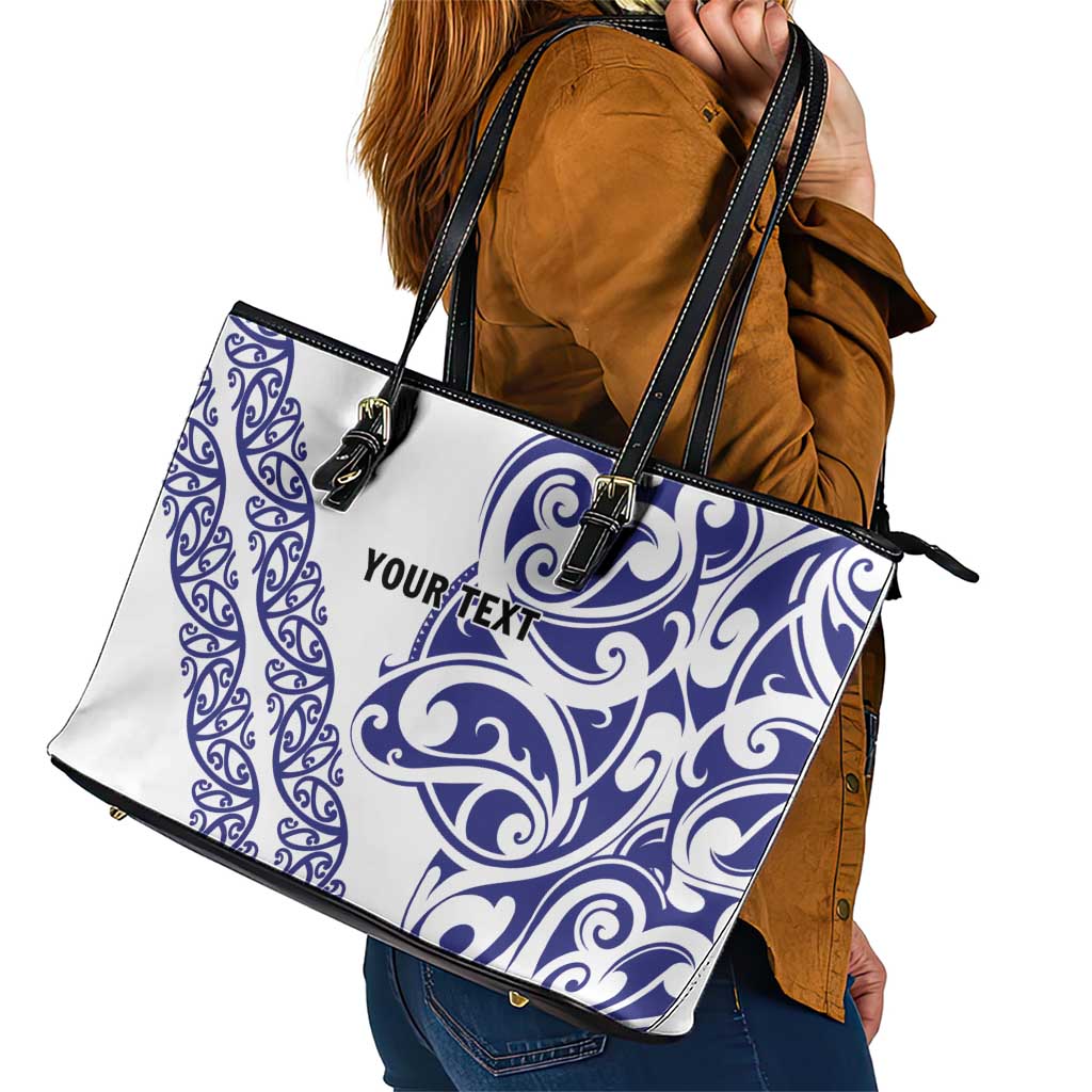 All White Maori Tribal Tattoo Personalised Leather Tote Bag Dark Blue Polynesian Style - Polynesian Pride