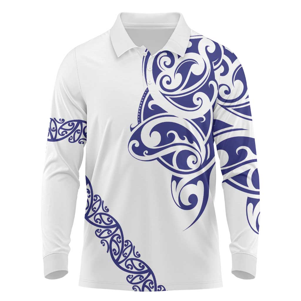 All White Maori Tribal Tattoo Personalised Long Sleeve Polo Shirt Dark Blue Polynesian Style - Polynesian Pride