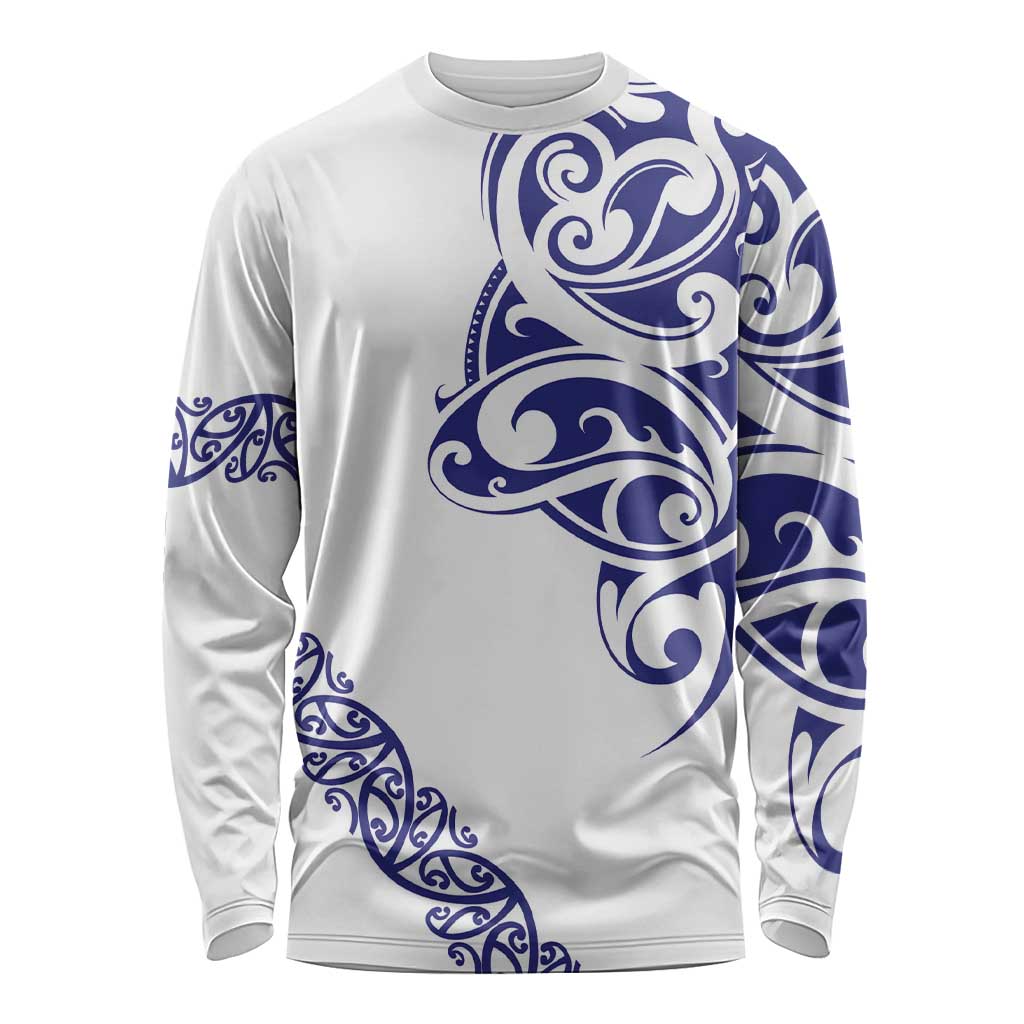 All White Maori Tribal Tattoo Personalised Long Sleeve Shirt Dark Blue Polynesian Style - Polynesian Pride