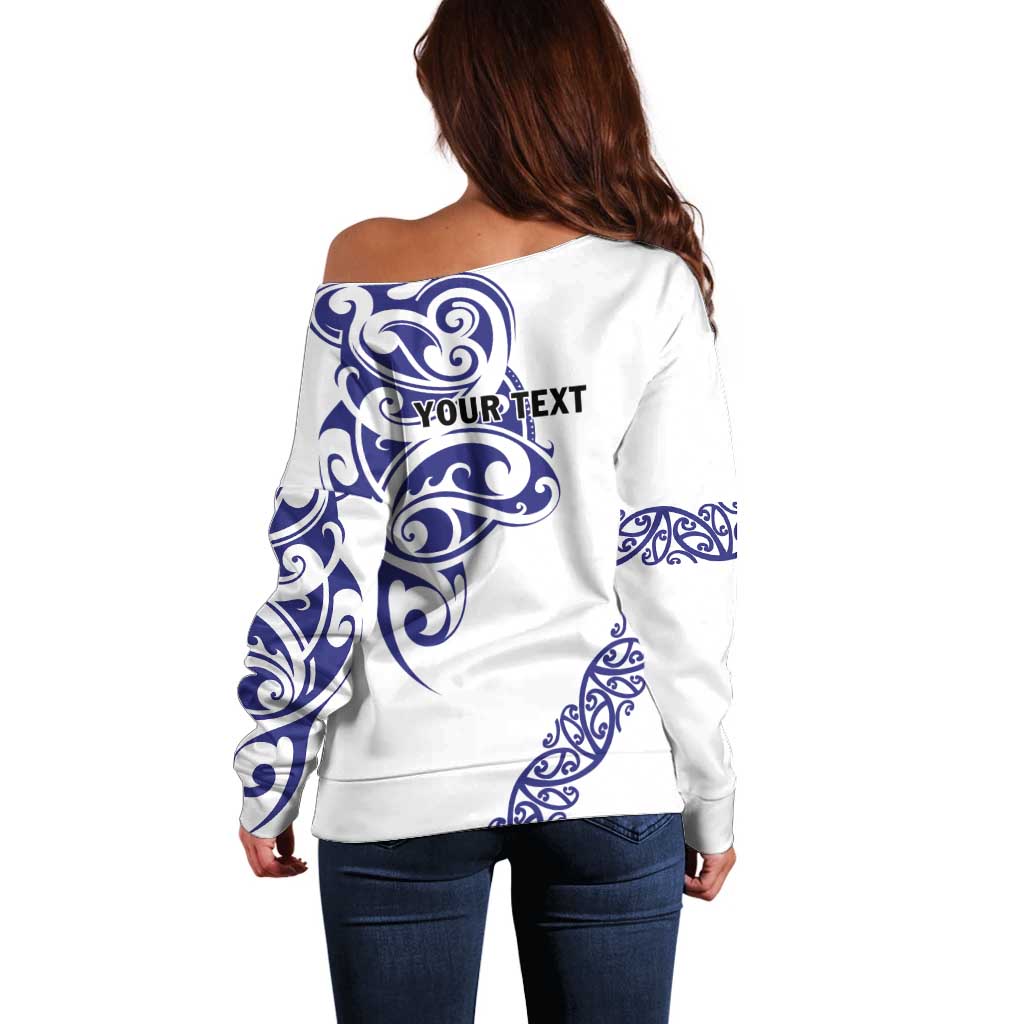 All White Maori Tribal Tattoo Personalised Off Shoulder Sweater Dark Blue Polynesian Style - Polynesian Pride
