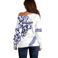 All White Maori Tribal Tattoo Personalised Off Shoulder Sweater Dark Blue Polynesian Style - Polynesian Pride