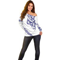 All White Maori Tribal Tattoo Personalised Off Shoulder Sweater Dark Blue Polynesian Style - Polynesian Pride