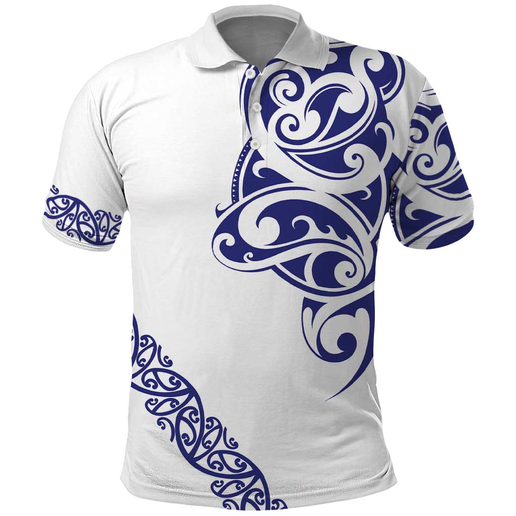 All White Maori Tribal Tattoo Personalised Polo Shirt Dark Blue Polynesian Style - Polynesian Pride
