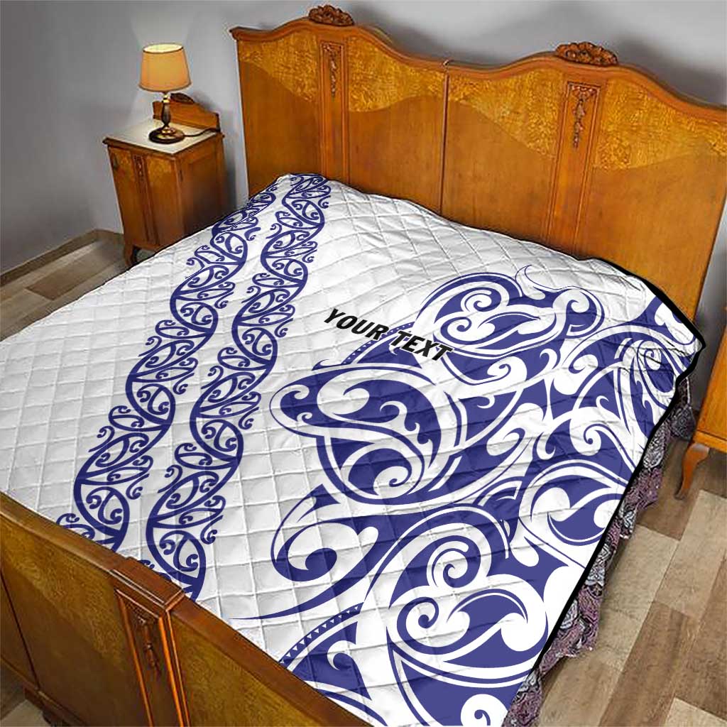 All White Maori Tribal Tattoo Personalised Quilt Dark Blue Polynesian Style - Polynesian Pride