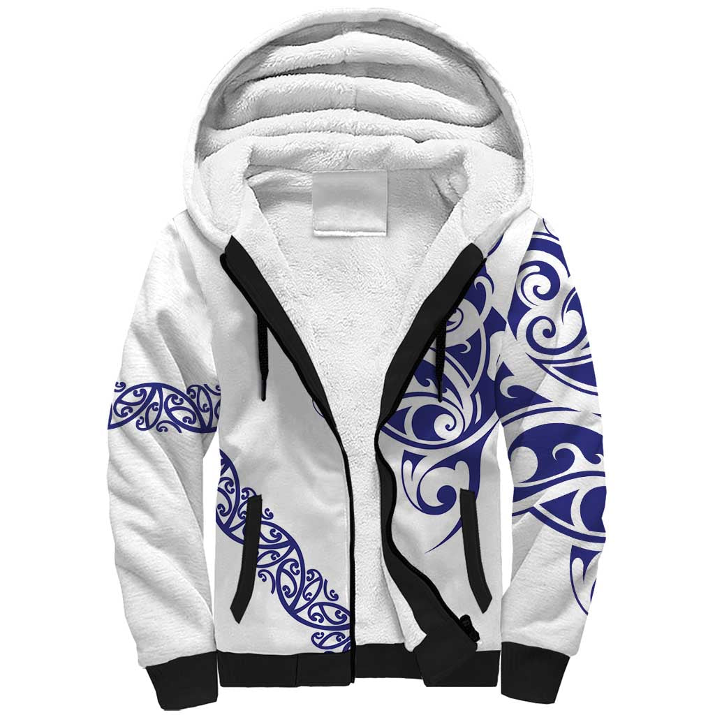 All White Maori Tribal Tattoo Personalised Sherpa Hoodie Dark Blue Polynesian Style - Polynesian Pride