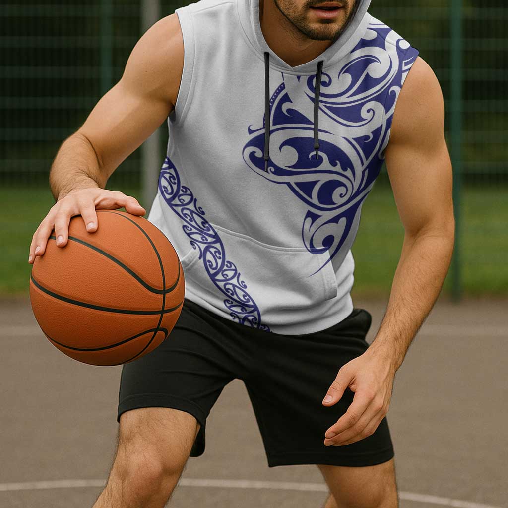 All White Maori Tribal Tattoo Personalised Sleeveless Hoodie Dark Blue Polynesian Style - Polynesian Pride