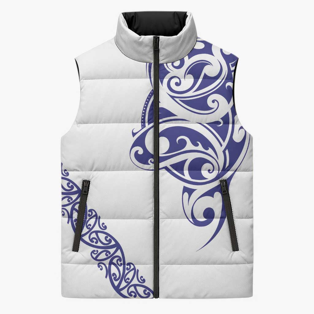 All White Maori Tribal Tattoo Personalised Sleeveless Puffer Jacket Dark Blue Polynesian Style - Polynesian Pride