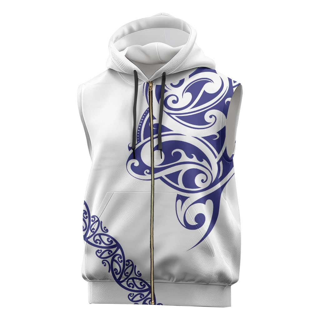 All White Maori Tribal Tattoo Personalised Sleeveless Zip Hoodie Dark Blue Polynesian Style - Polynesian Pride