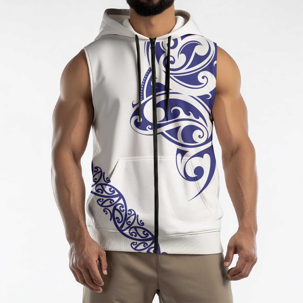 All White Maori Tribal Tattoo Personalised Sleeveless Zip Hoodie Dark Blue Polynesian Style LT9