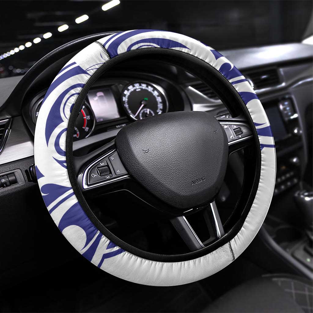 All White Maori Tribal Tattoo Steering Wheel Cover Dark Blue Polynesian Style - Polynesian Pride
