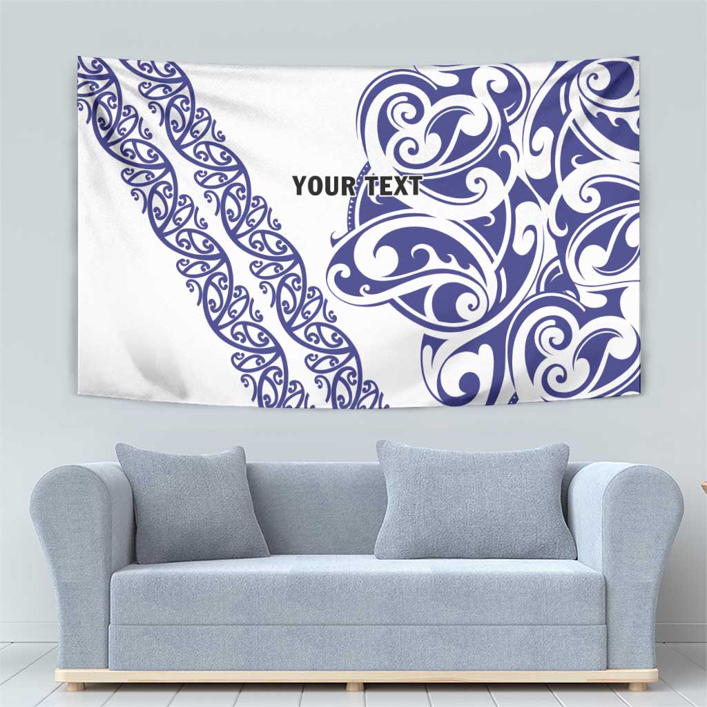 All White Maori Tribal Tattoo Personalised Tapestry Dark Blue Polynesian Style - Polynesian Pride