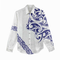 All White Maori Tribal Tattoo Personalised Women Casual Shirt Dark Blue Polynesian Style - Polynesian Pride