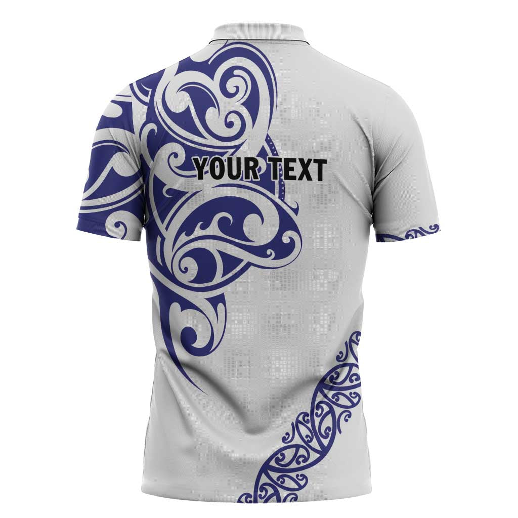 All White Maori Tribal Tattoo Personalised Zipper Polo Shirt Dark Blue Polynesian Style - Polynesian Pride