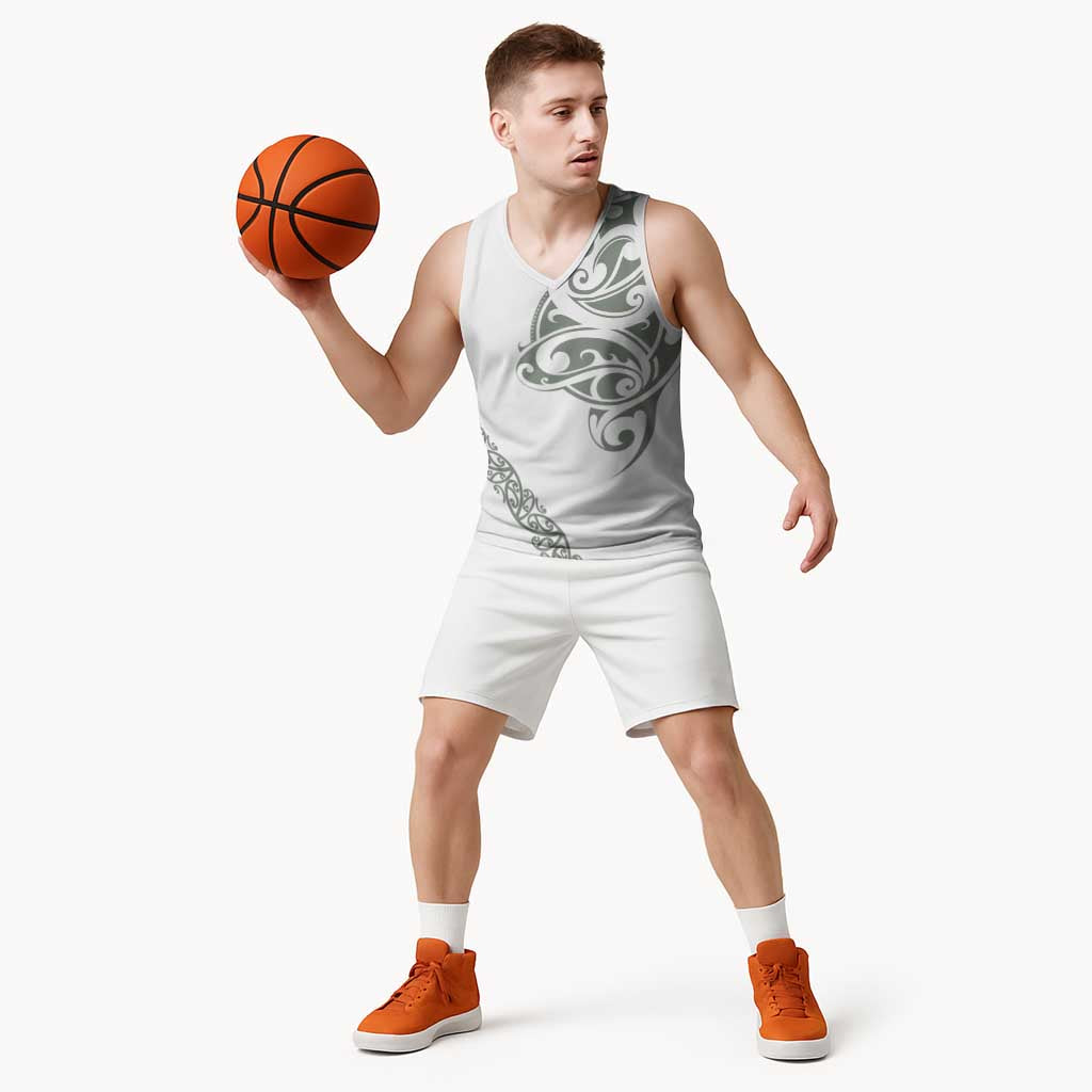All White Maori Tribal Tattoo Personalised Basketball Jersey Moss Green Polynesian Style - Polynesian Pride
