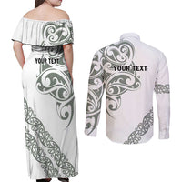 All White Maori Tribal Tattoo Personalised Couples Matching Off Shoulder Maxi Dress and Long Sleeve Button Shirt Moss Green Polynesian Style - Polynesian Pride