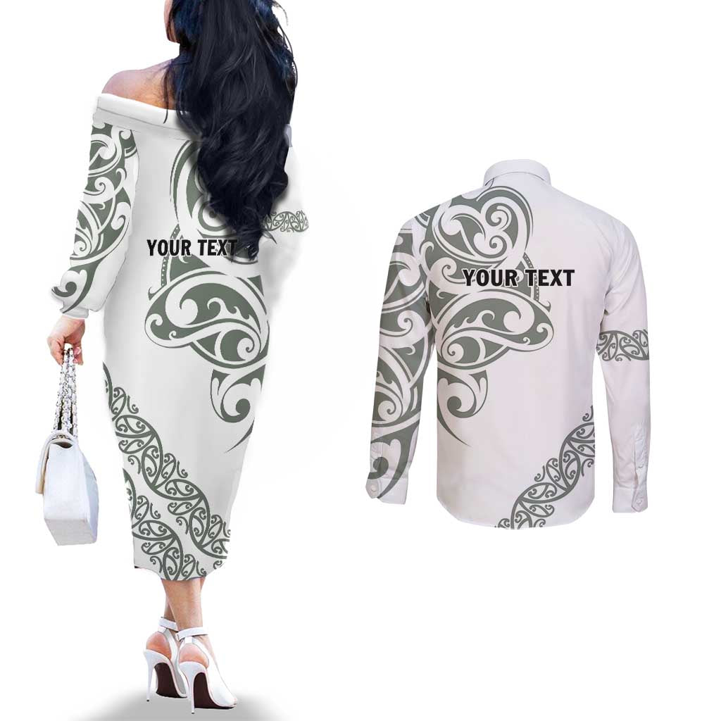 All White Maori Tribal Tattoo Personalised Couples Matching Off The Shoulder Long Sleeve Dress and Long Sleeve Button Shirt Moss Green Polynesian Style - Polynesian Pride