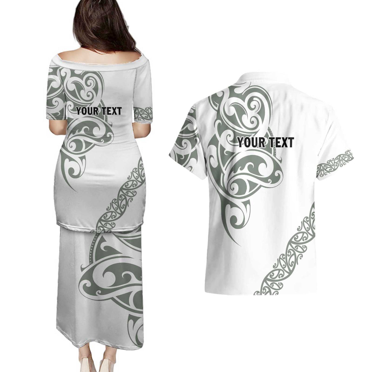 All White Maori Tribal Tattoo Personalised Couples Matching Puletasi and Hawaiian Shirt Moss Green Polynesian Style - Polynesian Pride