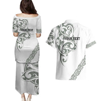 All White Maori Tribal Tattoo Personalised Couples Matching Puletasi and Hawaiian Shirt Moss Green Polynesian Style - Polynesian Pride