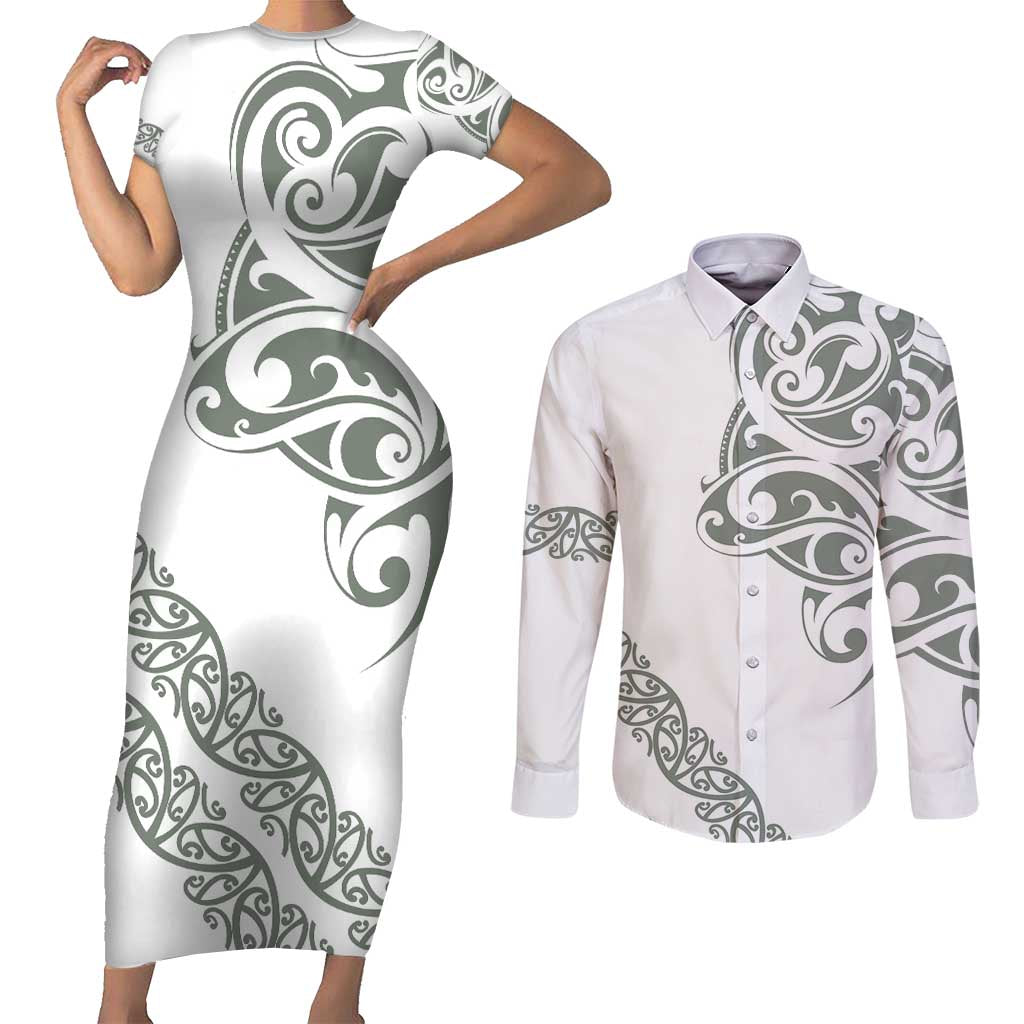All White Maori Tribal Tattoo Personalised Couples Matching Short Sleeve Bodycon Dress and Long Sleeve Button Shirt Moss Green Polynesian Style - Polynesian Pride