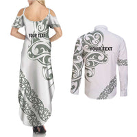 All White Maori Tribal Tattoo Personalised Couples Matching Summer Maxi Dress and Long Sleeve Button Shirt Moss Green Polynesian Style - Polynesian Pride
