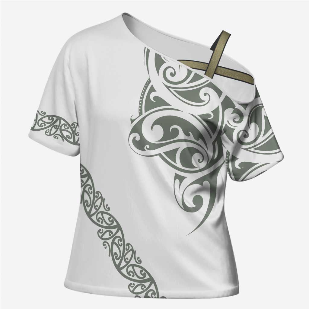 All White Maori Tribal Tattoo Personalised Cross Shoulder Shirt Moss Green Polynesian Style - Polynesian Pride