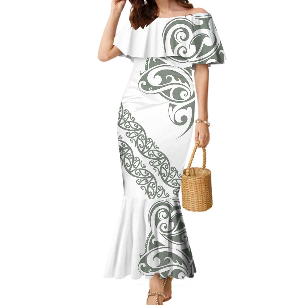 All White Maori Tribal Tattoo Personalised Family Matching Mermaid Dress and Hawaiian Shirt Moss Green Polynesian Style - Polynesian Pride