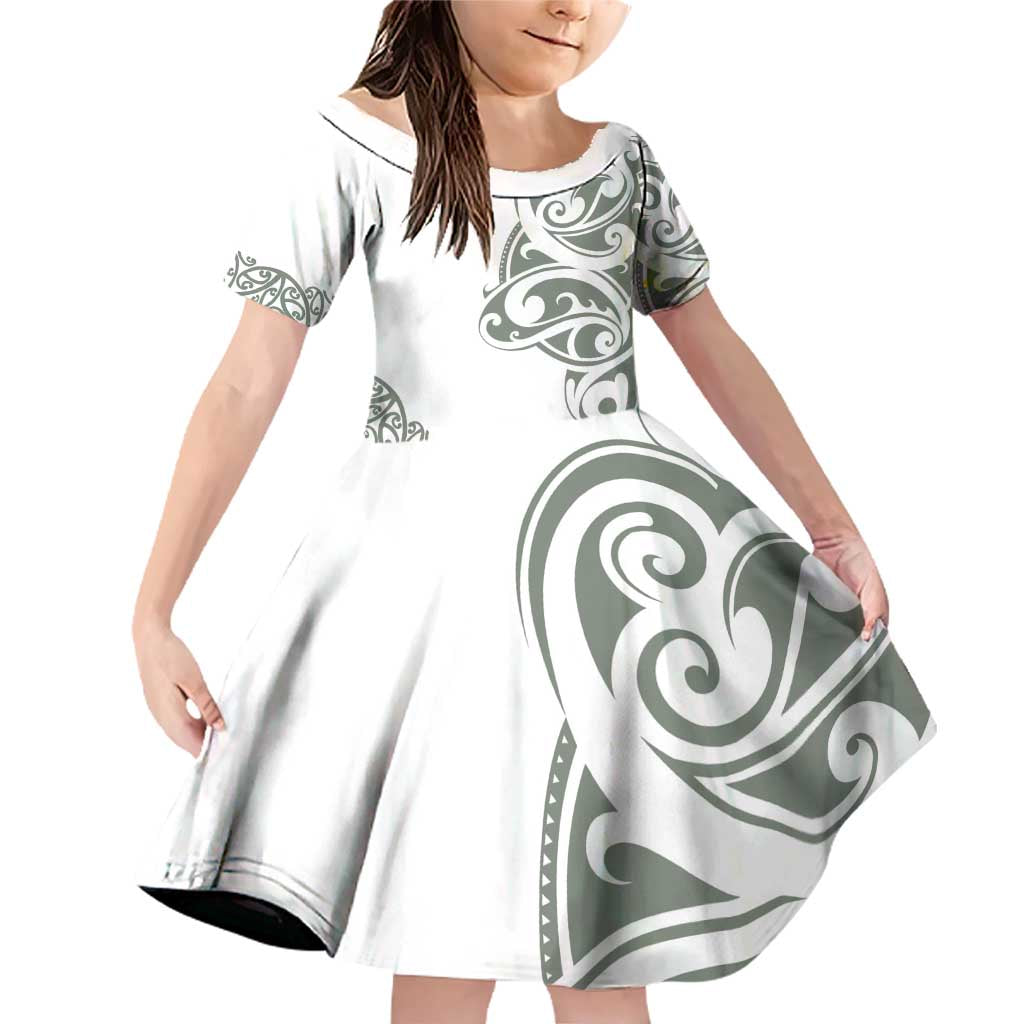 All White Maori Tribal Tattoo Personalised Family Matching Off Shoulder Short Dress and Hawaiian Shirt Moss Green Polynesian Style - Polynesian Pride