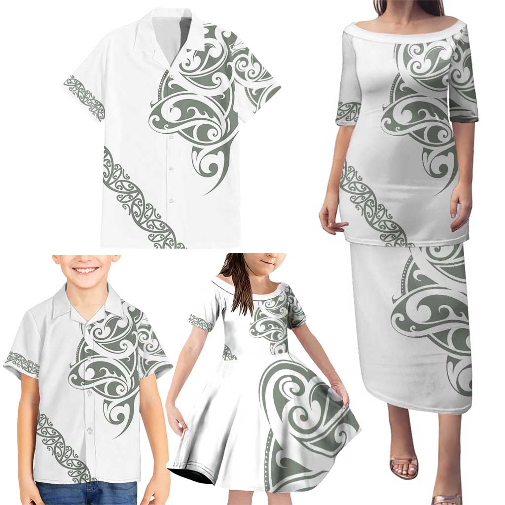 All White Maori Tribal Tattoo Personalised Family Matching Puletasi and Hawaiian Shirt Moss Green Polynesian Style - Polynesian Pride
