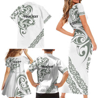 All White Maori Tribal Tattoo Personalised Family Matching Short Sleeve Bodycon Dress and Hawaiian Shirt Moss Green Polynesian Style - Polynesian Pride