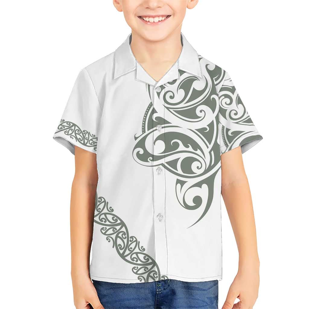All White Maori Tribal Tattoo Personalised Kid Hawaiian Shirt Moss Green Polynesian Style - Polynesian Pride