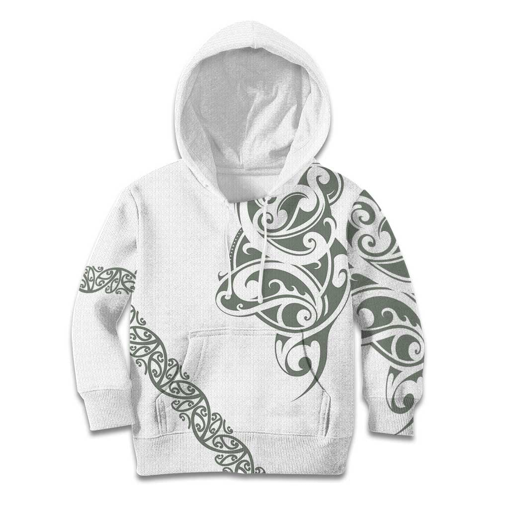 All White Maori Tribal Tattoo Personalised Kid Hoodie Moss Green Polynesian Style - Polynesian Pride