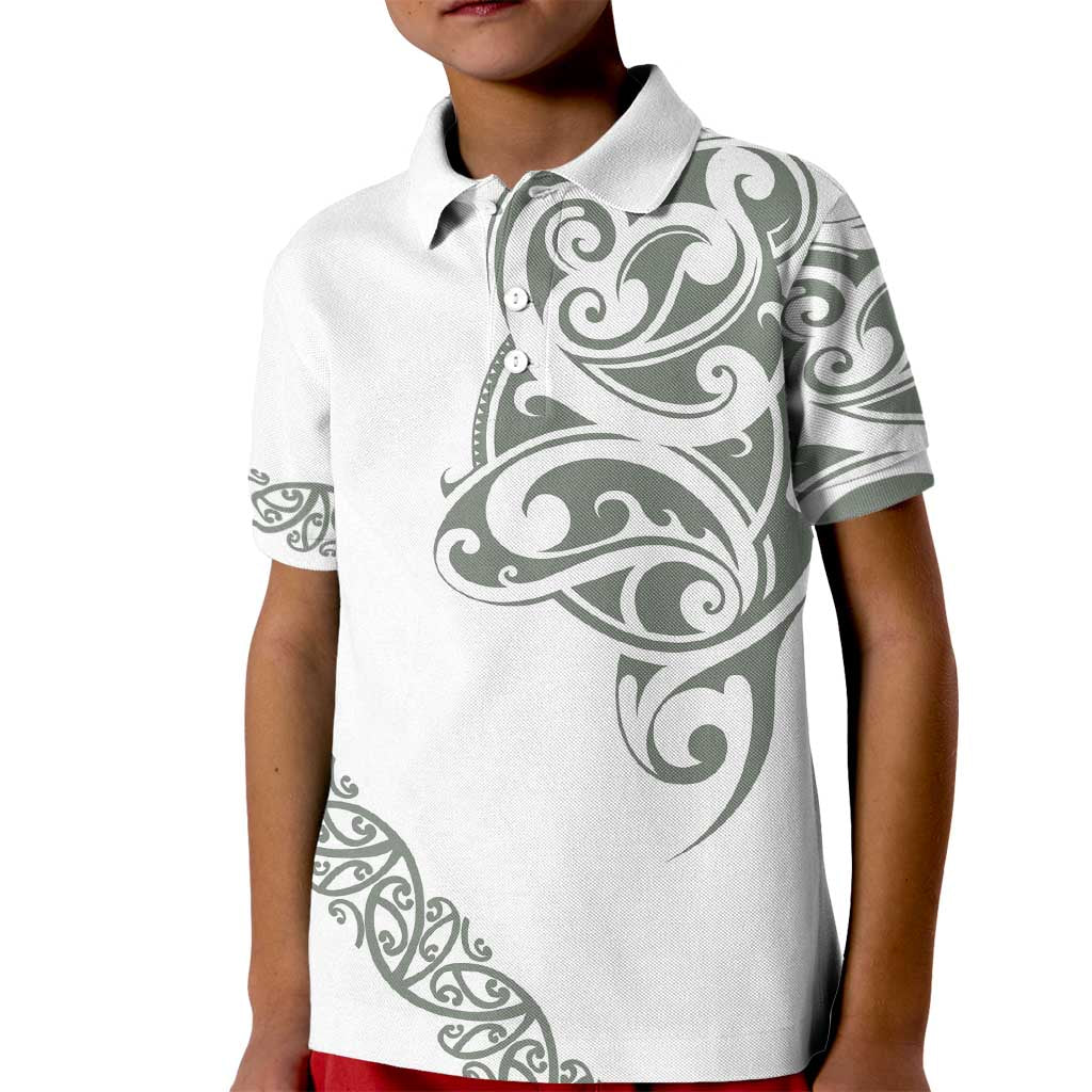All White Maori Tribal Tattoo Personalised Kid Polo Shirt Moss Green Polynesian Style - Polynesian Pride