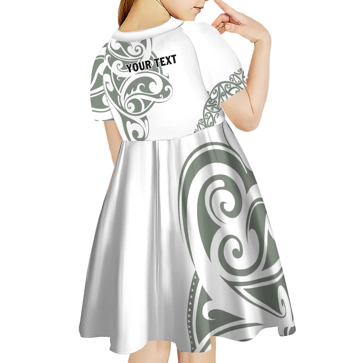 All White Maori Tribal Tattoo Personalised Kid Short Sleeve Dress Moss Green Polynesian Style - Polynesian Pride