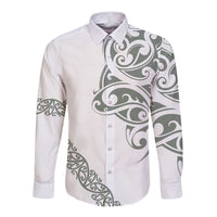 All White Maori Tribal Tattoo Personalised Long Sleeve Button Shirt Moss Green Polynesian Style - Polynesian Pride