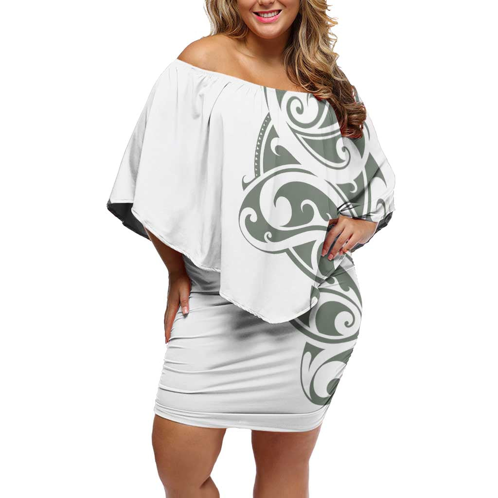 All White Maori Tribal Tattoo Personalised Off Shoulder Short Dress Moss Green Polynesian Style - Polynesian Pride