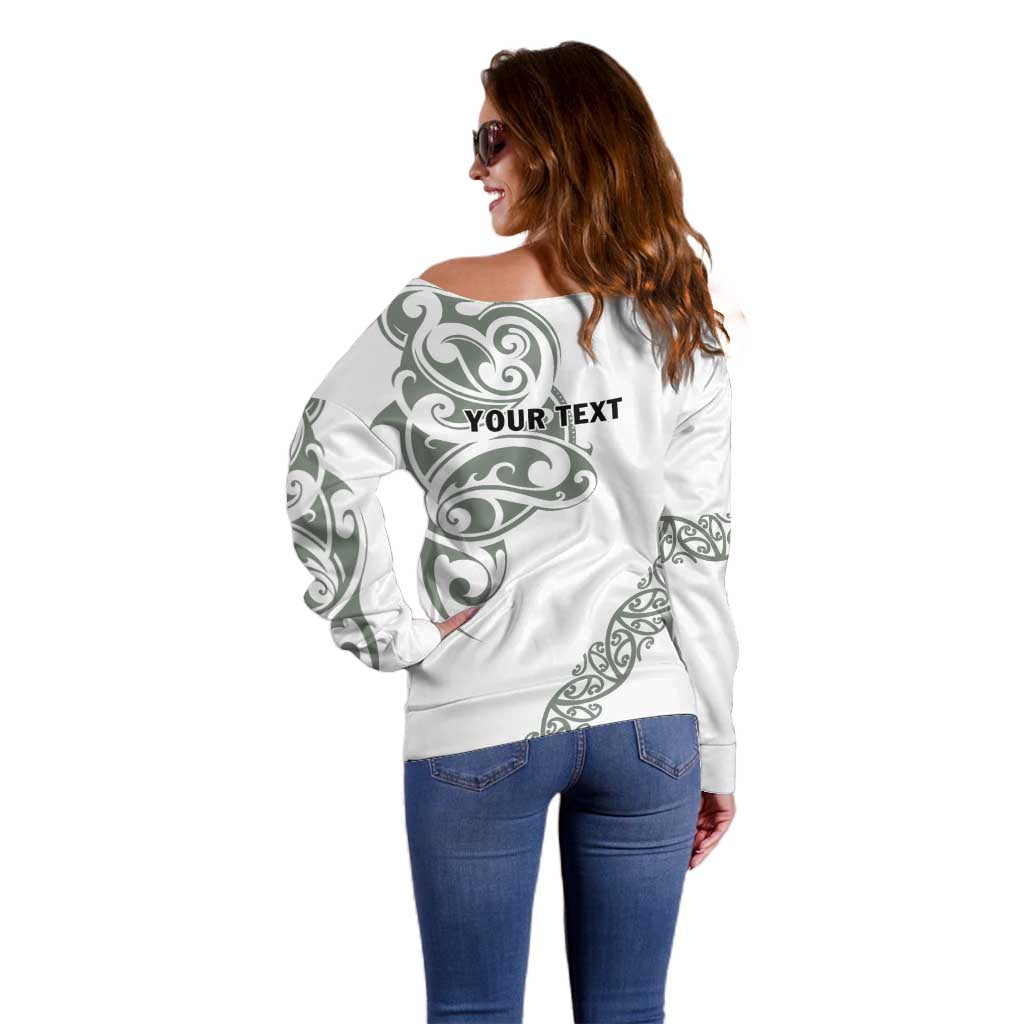 All White Maori Tribal Tattoo Personalised Off Shoulder Sweater Moss Green Polynesian Style - Polynesian Pride