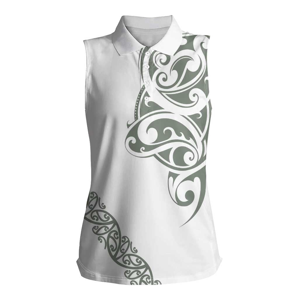 All White Maori Tribal Tattoo Personalised Women Sleeveless Polo Shirt Moss Green Polynesian Style - Polynesian Pride