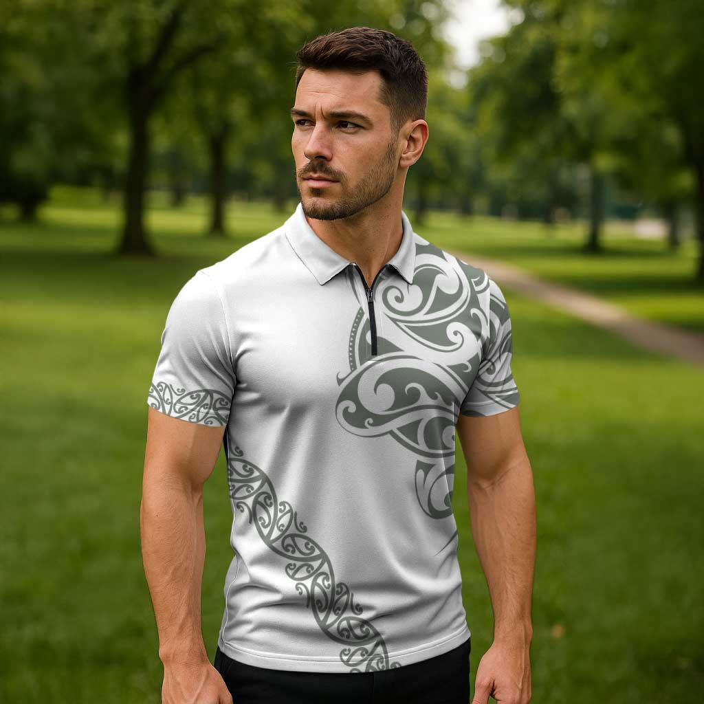 All White Maori Tribal Tattoo Personalised Zipper Polo Shirt Moss Green Polynesian Style - Polynesian Pride