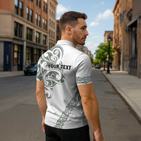 All White Maori Tribal Tattoo Personalised Zipper Polo Shirt Moss Green Polynesian Style - Polynesian Pride