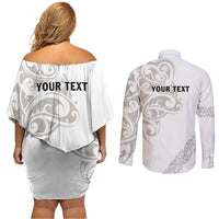 All White Maori Tribal Tattoo Personalised Couples Matching Off Shoulder Short Dress and Long Sleeve Button Shirt Stone Gray Polynesian Style - Polynesian Pride