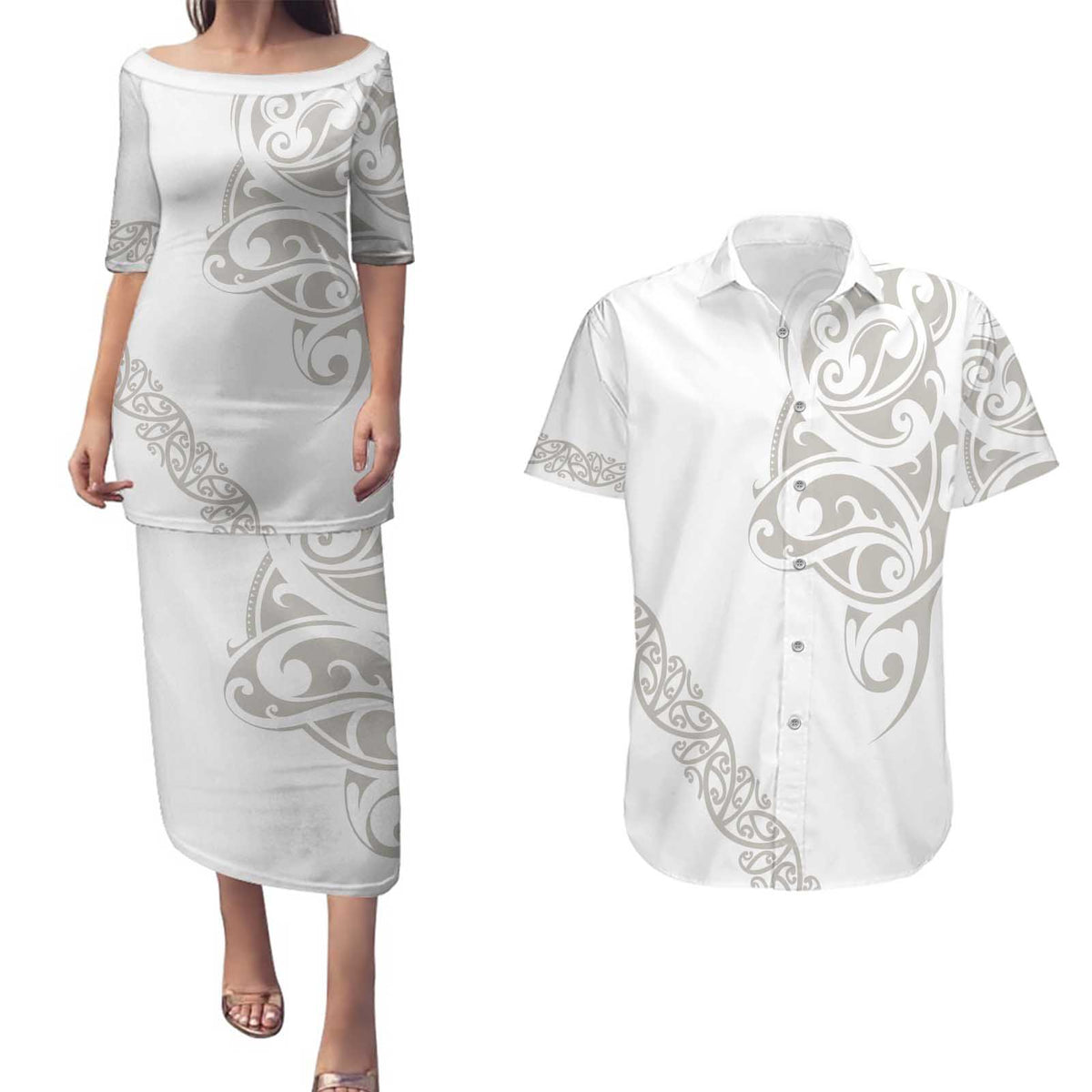 All White Maori Tribal Tattoo Personalised Couples Matching Puletasi and Hawaiian Shirt Stone Gray Polynesian Style - Polynesian Pride