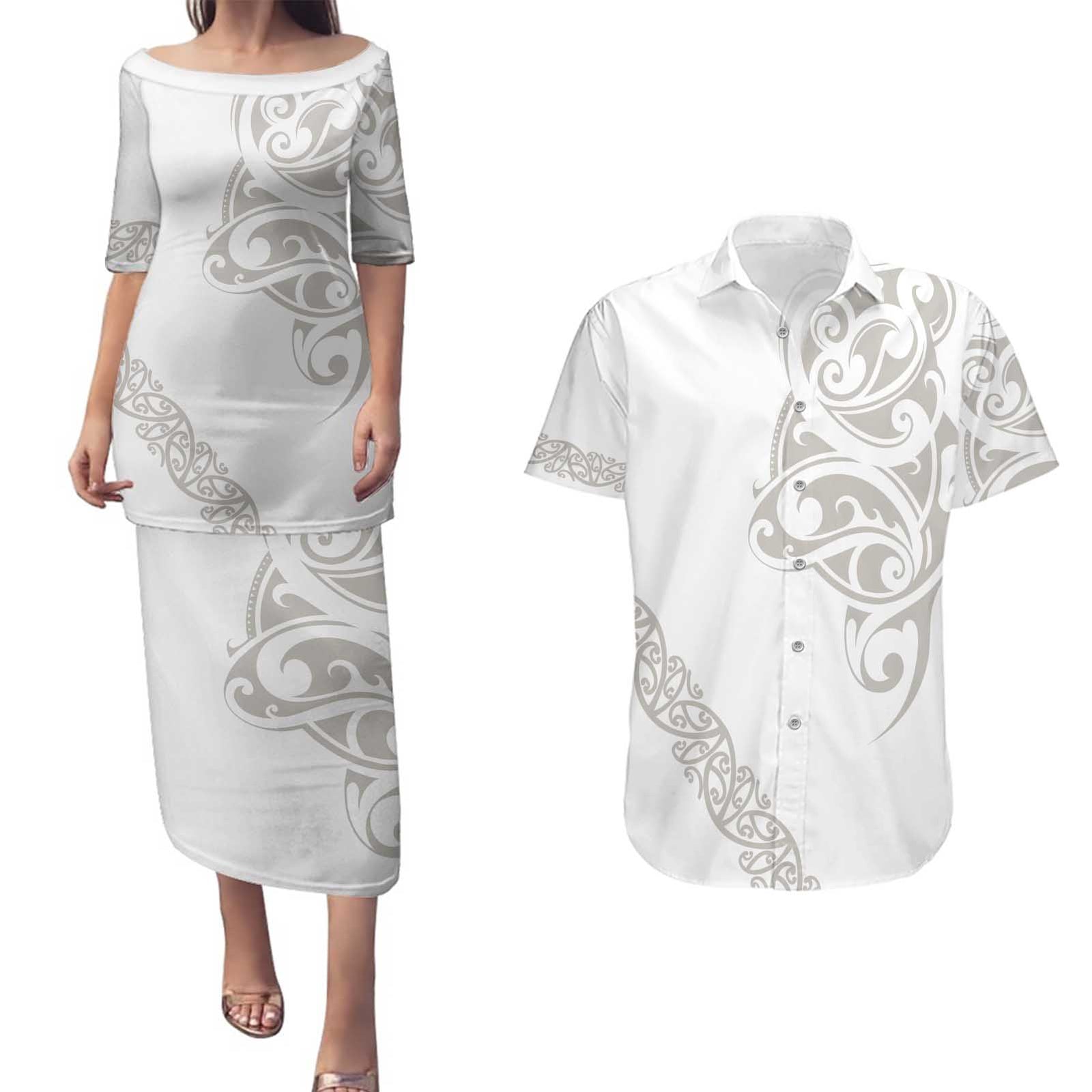 All White Maori Tribal Tattoo Personalised Couples Matching Puletasi and Hawaiian Shirt Stone Gray Polynesian Style - Polynesian Pride