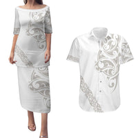 All White Maori Tribal Tattoo Personalised Couples Matching Puletasi and Hawaiian Shirt Stone Gray Polynesian Style - Polynesian Pride