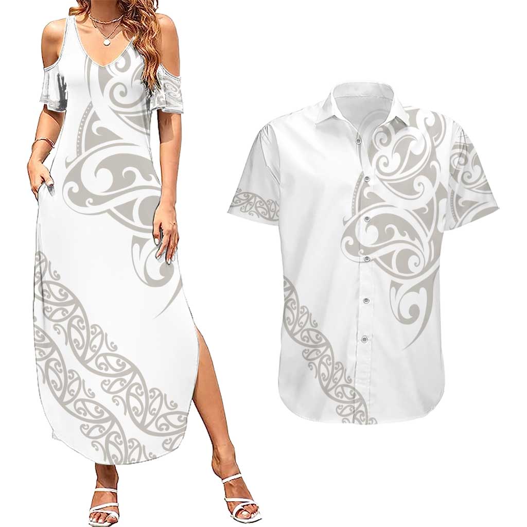 All White Maori Tribal Tattoo Personalised Couples Matching Summer Maxi Dress and Hawaiian Shirt Stone Gray Polynesian Style - Polynesian Pride