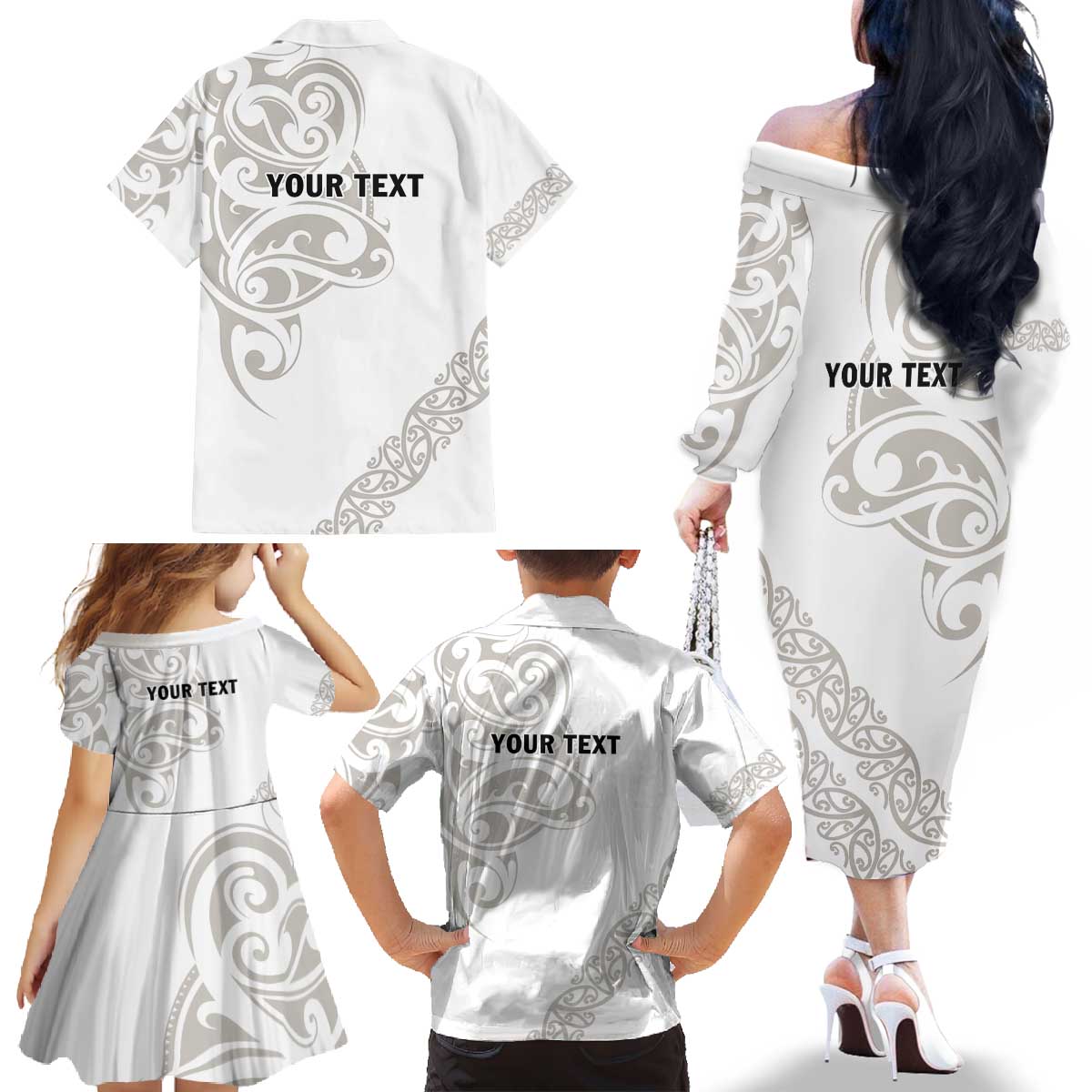 All White Maori Tribal Tattoo Personalised Family Matching Off The Shoulder Long Sleeve Dress and Hawaiian Shirt Stone Gray Polynesian Style - Polynesian Pride