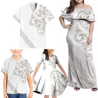 All White Maori Tribal Tattoo Personalised Family Matching Off Shoulder Maxi Dress and Hawaiian Shirt Stone Gray Polynesian Style - Polynesian Pride