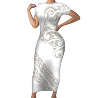 All White Maori Tribal Tattoo Personalised Family Matching Short Sleeve Bodycon Dress and Hawaiian Shirt Stone Gray Polynesian Style - Polynesian Pride