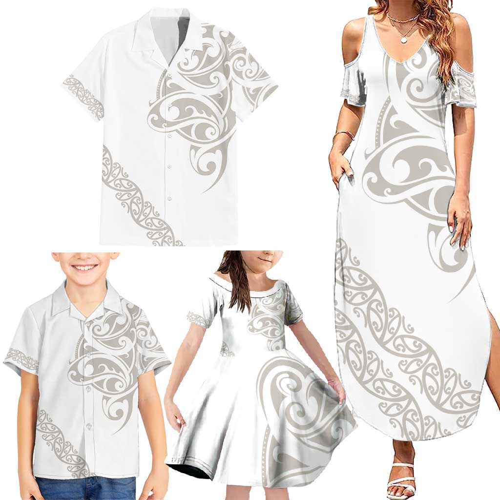 All White Maori Tribal Tattoo Personalised Family Matching Summer Maxi Dress and Hawaiian Shirt Stone Gray Polynesian Style - Polynesian Pride