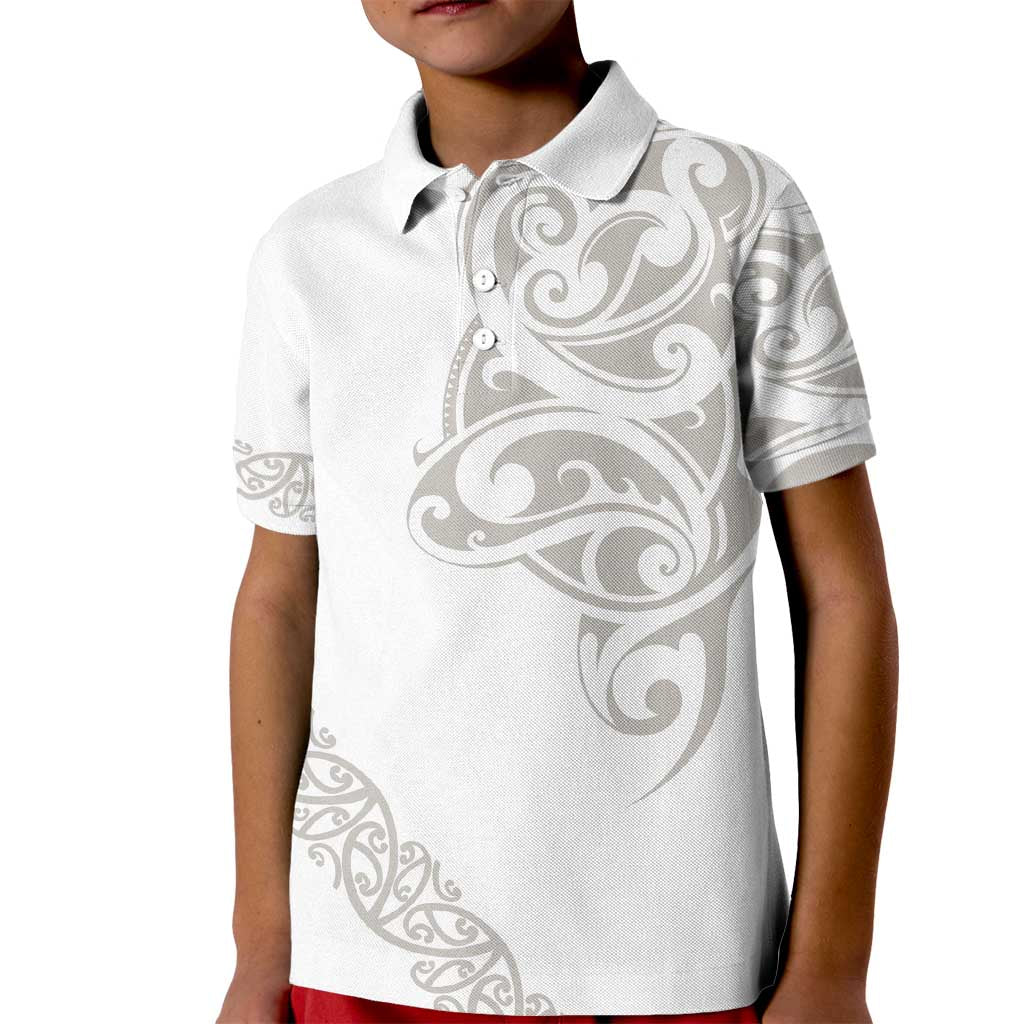 All White Maori Tribal Tattoo Personalised Kid Polo Shirt Stone Gray Polynesian Style - Polynesian Pride